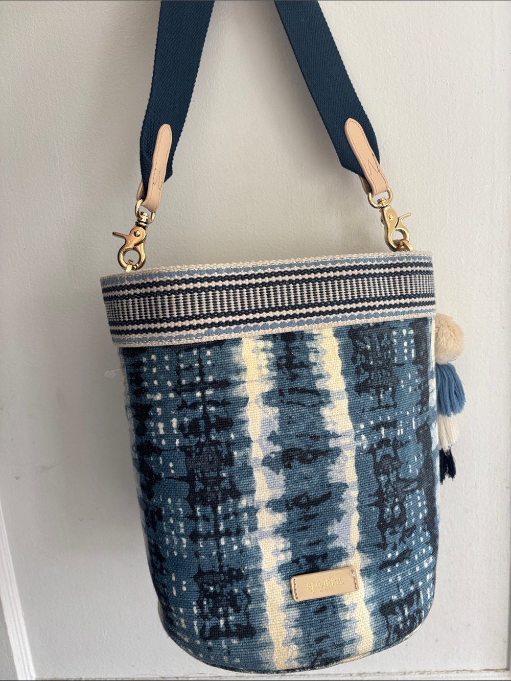 Spartina 449 Navy and Cream Patterned Bucket Shoulder Bag with Tassel Charm